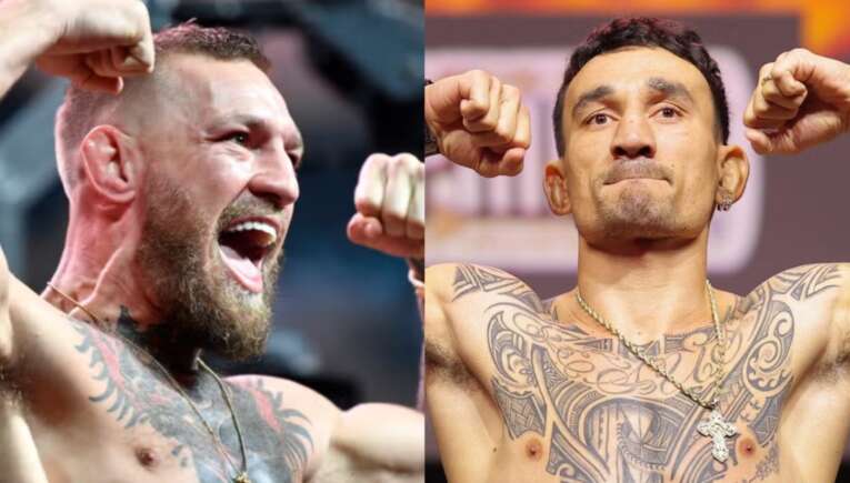 Two shirtless men with tattoos flexing their arms in celebration, split-screen side by side in a competitive event setting, fists raised in triumph.