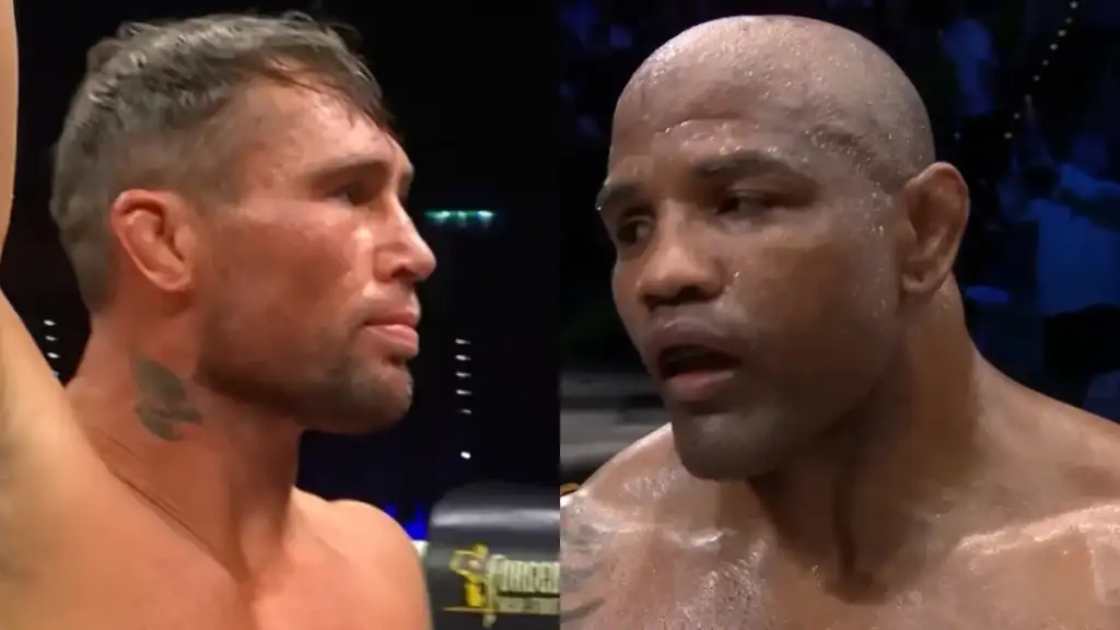 Split-screen image of two boxers inside a ring, facing each other with intense expressions, both sweaty and glistening after a match.