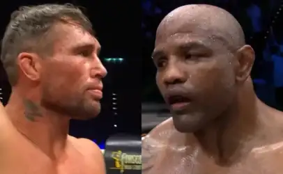 Split-screen image of two boxers inside a ring, facing each other with intense expressions, both sweaty and glistening after a match.