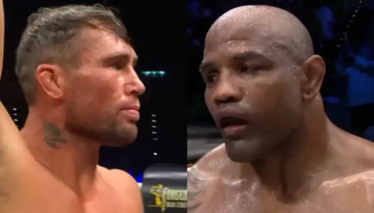Split-screen image of two boxers inside a ring, facing each other with intense expressions, both sweaty and glistening after a match.