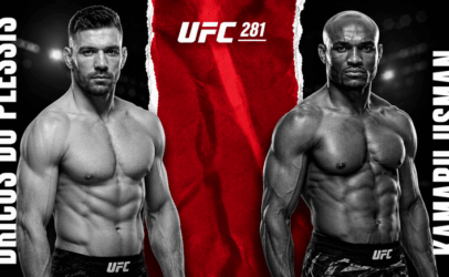 UFC 281 promotional poster featuring Dricus Du Plessis on the left and Kamaru Usman on the right with a red center stripe and logo in the middle.