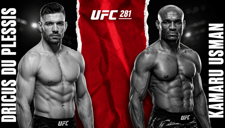 UFC 281 promotional poster featuring Dricus Du Plessis on the left and Kamaru Usman on the right with a red center stripe and logo in the middle.