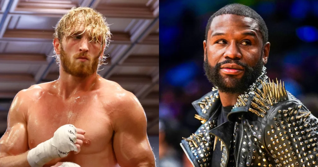 Logan-Paul-1-1024x538 - AfroCombat Split-image of two athletes: left a shirtless boxer with blond hair and wrapped hands; right a man in a studded leather jacket with spikes in a arena crowd.