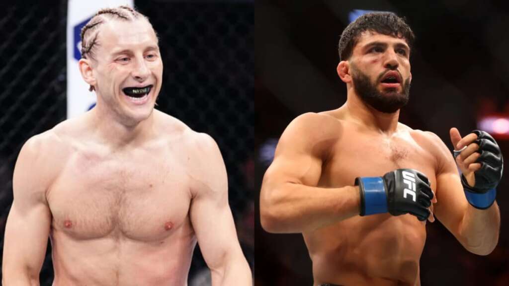 Two shirtless UFC fighters side by side; left: man with cornrows and mouthguard smiling, right: bearded man in fighting stance wearing UFC gloves.