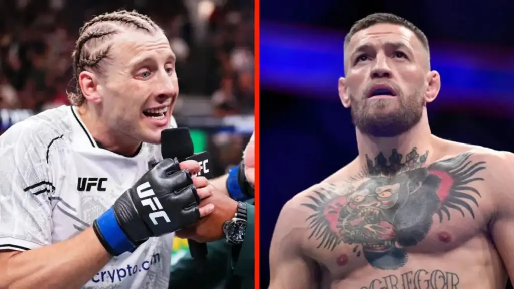 Split image of two UFC fighters: on the left, a light-haired fighter in a white UFC shirt speaks into a microphone with gloves on; on the right, a shirtless, tattooed fighter looks upward in the octagon.