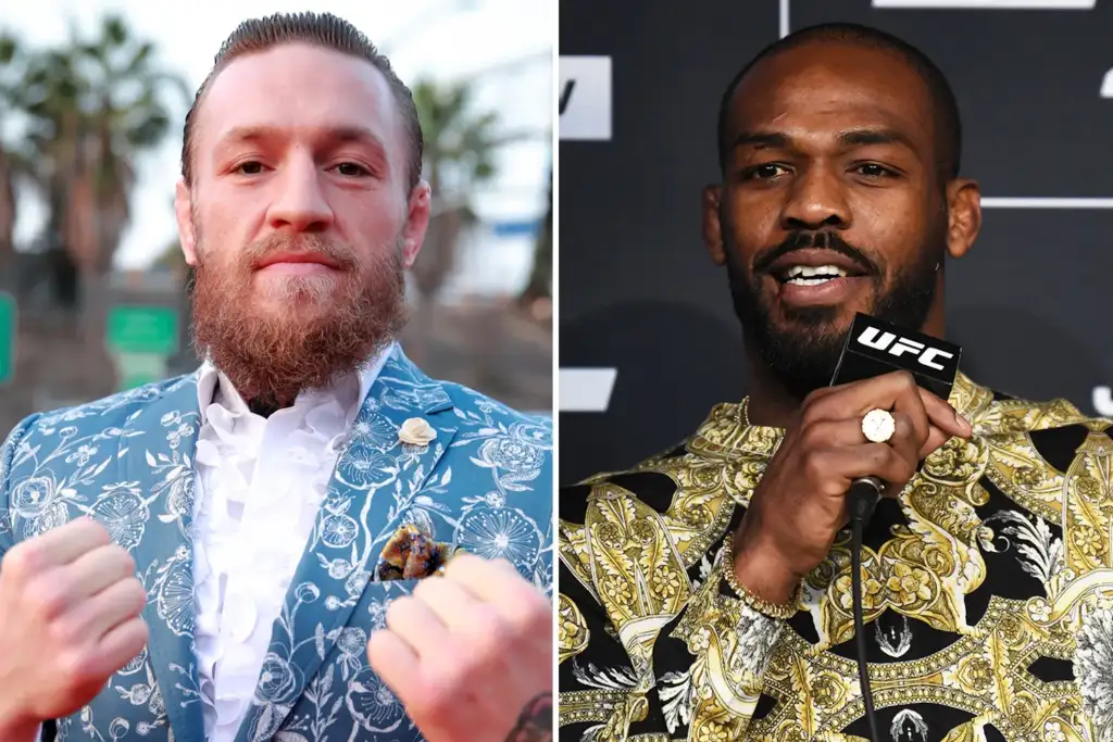 Split image: left side shows a bearded man in a blue floral blazer and white shirt, fists raised in a confident pose; right side shows a man in an ornate gold and black shirt speaking into a UFC microphone.