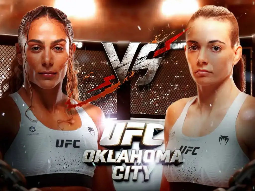 Two female UFC fighters face off in a cage for a UFC Oklahoma City poster (VS in bold between them).