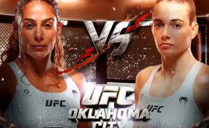 Two female UFC fighters face off in a cage for a UFC Oklahoma City poster (VS in bold between them).