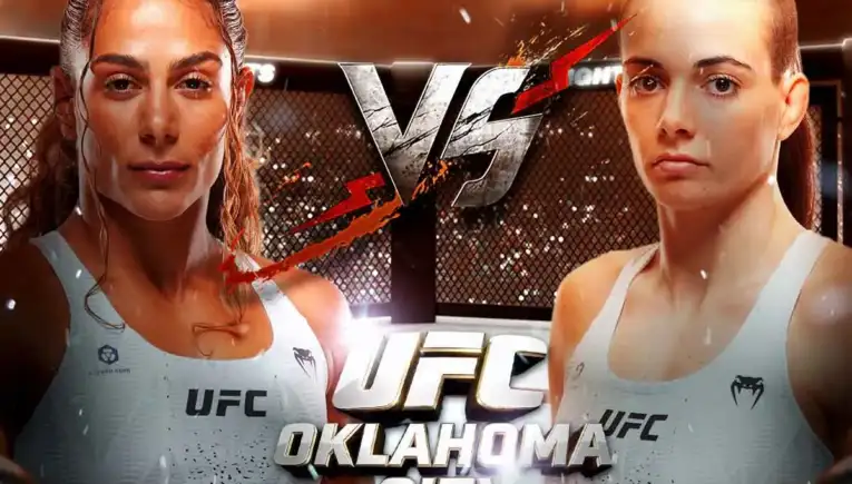 Two female UFC fighters face off in a cage for a UFC Oklahoma City poster (VS in bold between them).