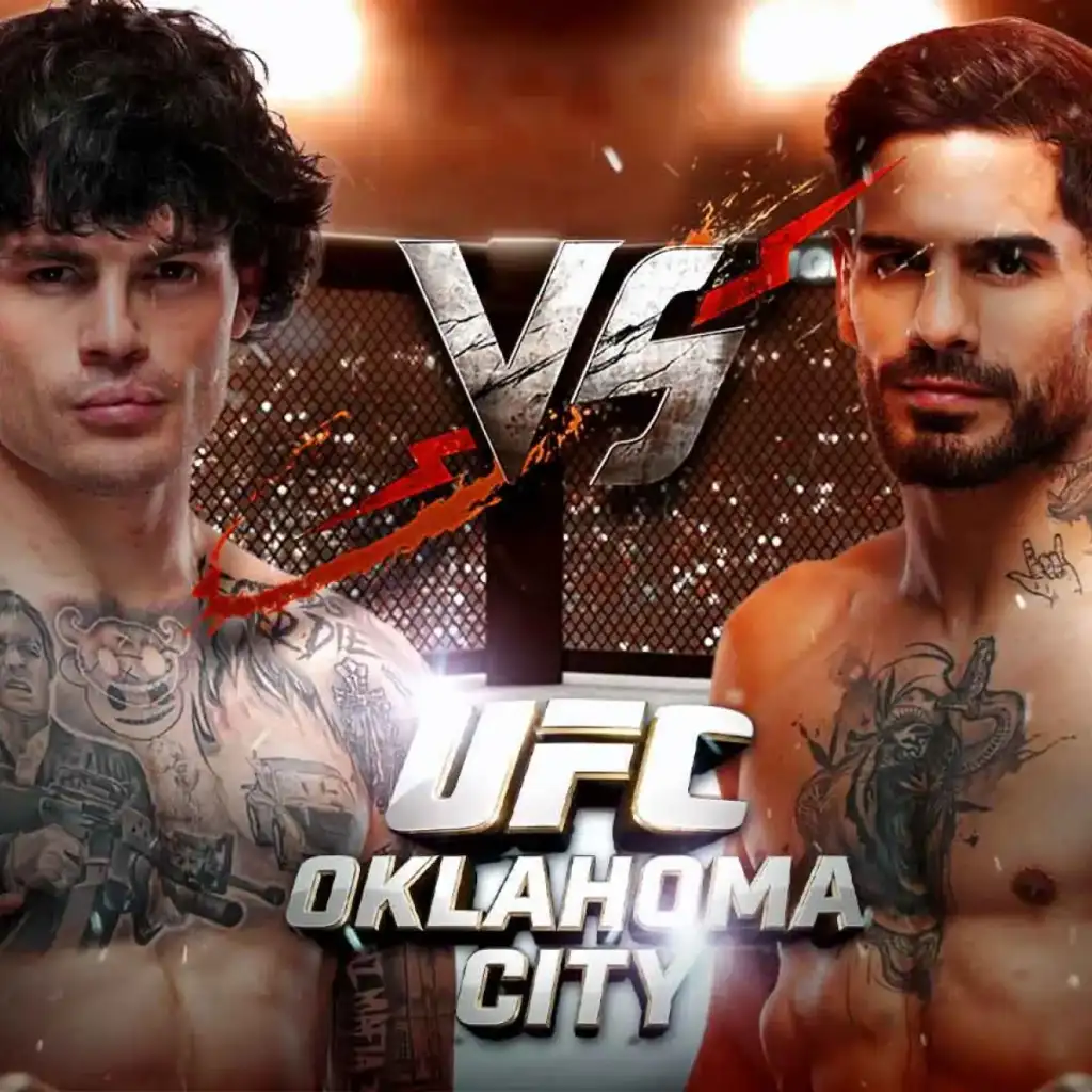 Promotional UFC poster showing two tattooed, shirtless fighters facing off inside a cage with 'UFC Oklahoma City' text.