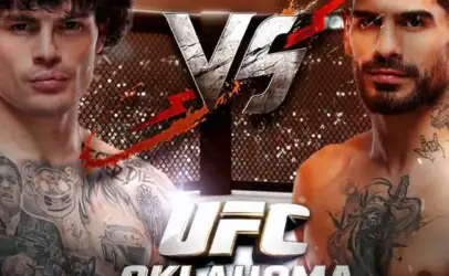 Promotional UFC poster showing two tattooed, shirtless fighters facing off inside a cage with 'UFC Oklahoma City' text.