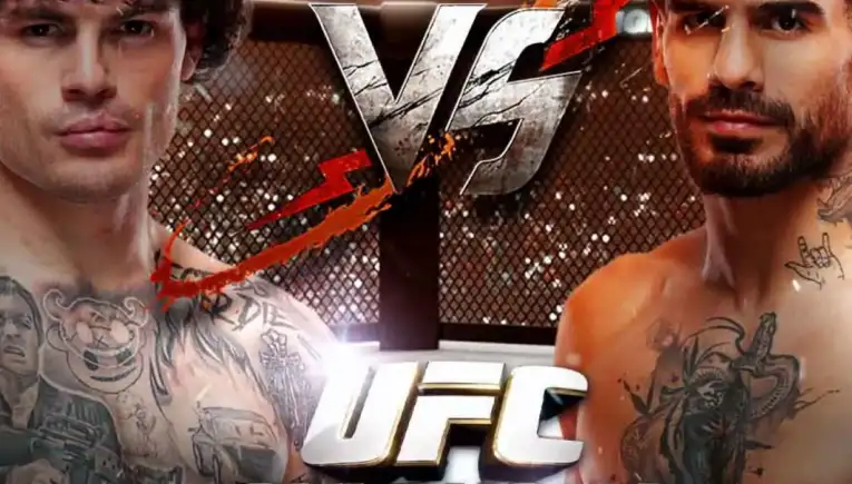 Promotional UFC poster showing two tattooed, shirtless fighters facing off inside a cage with 'UFC Oklahoma City' text.