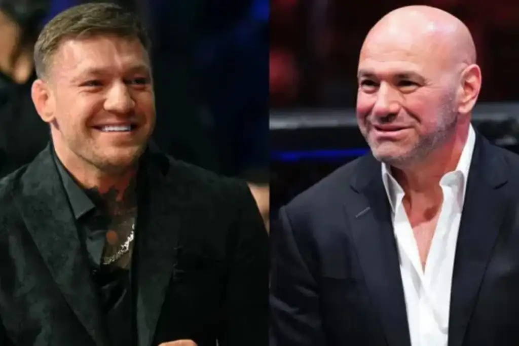 Two men in dark suits smiling at an event, shown side by side in a split-frame image.