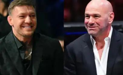 Two men in dark suits smiling at an event, shown side by side in a split-frame image.
