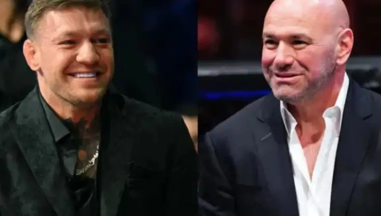 Two men in dark suits smiling at an event, shown side by side in a split-frame image.