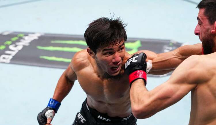Two shirtless UFC fighters exchange a punch in the octagon, with one fighter landing a punch to the other's face while both wear UFC gloves.