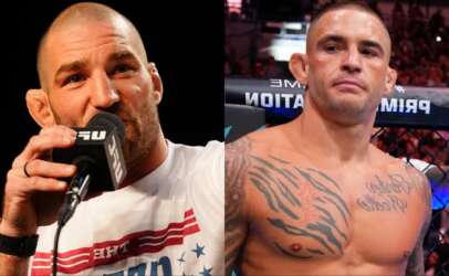 Two UFC fighters: left, a bald man speaking into a mic at a press event; right, a shirtless tattooed fighter in a cage.