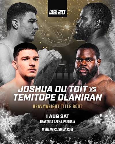Fight poster for a heavyweight title bout: Joshua Du Toit vs Temitope Olaniran, Aug 1 at Heartfelt Arena, Pretoria