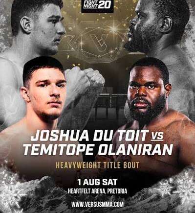 Poster promoting a boxing match: Joshua Du Toit vs Temitope Olaniiran, heavyweight title bout with event details