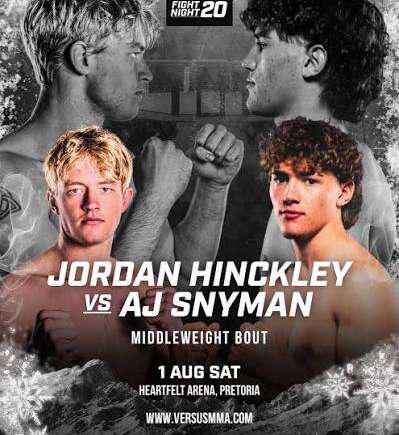 Fight poster showing Jordan Hinckley and AJ Snyman facing off for a middleweight bout, August 1 at Heartfelt Arena (Pretoria).