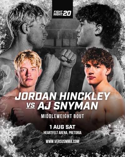 images 4 - AfroCombat Fight poster showing Jordan Hinckley and AJ Snyman facing off for a middleweight bout, August 1 at Heartfelt Arena (Pretoria).