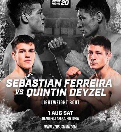 Fight Night 20 poster promoting a lightweight bout: Sebastian Ferreira vs Quintin Deyzel, Aug 1 at Heartfelt Arena, Pretoria.
