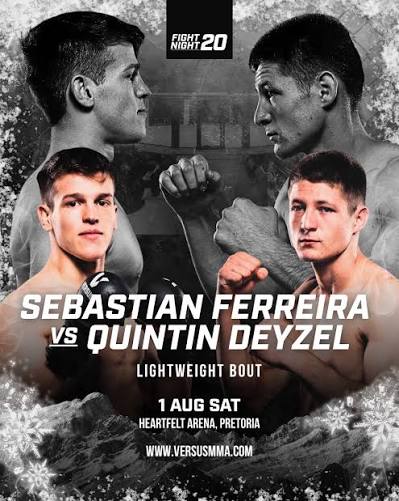 Fight Night 20 poster promoting a lightweight bout: Sebastian Ferreira vs Quintin Deyzel, Aug 1 at Heartfelt Arena, Pretoria.