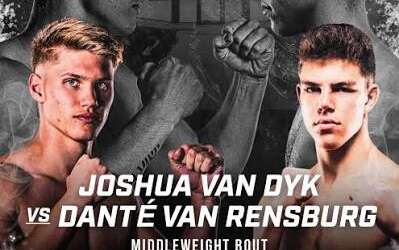 Promotional poster for a middleweight boxing bout: Joshua van Dyk vs Dante van Rensburg, 1 Aug at Heartfelt Arena, Pretoria, versussmma.com.