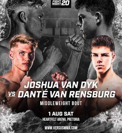 Promotional poster for a middleweight boxing bout: Joshua van Dyk vs Dante van Rensburg, 1 Aug at Heartfelt Arena, Pretoria, versussmma.com.