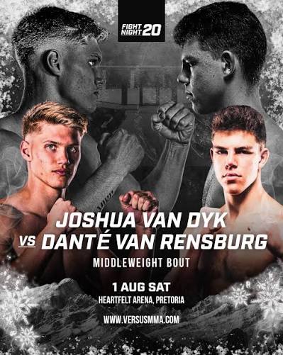 Promotional poster for a middleweight boxing bout: Joshua van Dyk vs Dante van Rensburg, 1 Aug at Heartfelt Arena, Pretoria, versussmma.com.