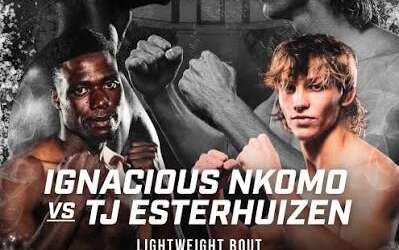Fight Night 20 poster showing Ignacious Nkomo vs. TJ Esterhuizen in a fierce face-off for a lightweight bout at Heartfelt Arena, Pretoria, 1 Aug; includes event website.