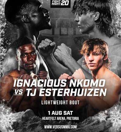 Fight Night 20 poster showing Ignacious Nkomo vs. TJ Esterhuizen in a fierce face-off for a lightweight bout at Heartfelt Arena, Pretoria, 1 Aug; includes event website.