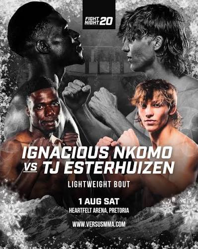 Fight Night 20 poster showing Ignacious Nkomo vs. TJ Esterhuizen in a fierce face-off for a lightweight bout at Heartfelt Arena, Pretoria, 1 Aug; includes event website.