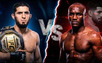 Split-screen UFC poster: left fighter with championship belt, right challenger against a red backdrop, divided by a jagged white line.