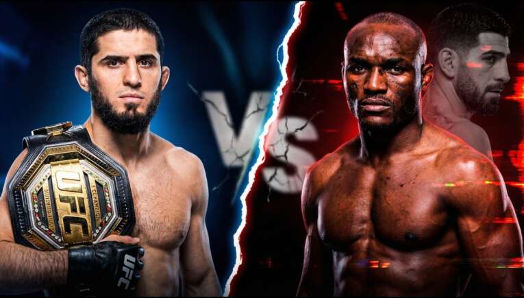 Split-screen UFC poster: left fighter with championship belt, right challenger against a red backdrop, divided by a jagged white line.