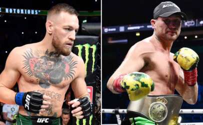 Split-image of two UFC fighters: left is tattooed man in blue gloves and green shorts; right is shirtless champion with a gold belt and yellow-green gloves.
