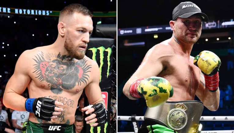 Split-image of two UFC fighters: left is tattooed man in blue gloves and green shorts; right is shirtless champion with a gold belt and yellow-green gloves.
