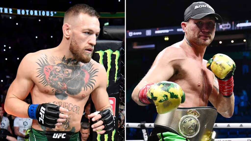 Split image of two fighters: left a tattooed UFC fighter in green shorts and blue gloves, focused in a fighting stance; right a fighter with a gold championship belt and green shorts, wearing yellow gloves.