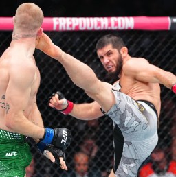 Two male UFC fighters in the octagon; one wearing gray shorts delivering a high kick to the opponent in green shorts while a crowd watches.