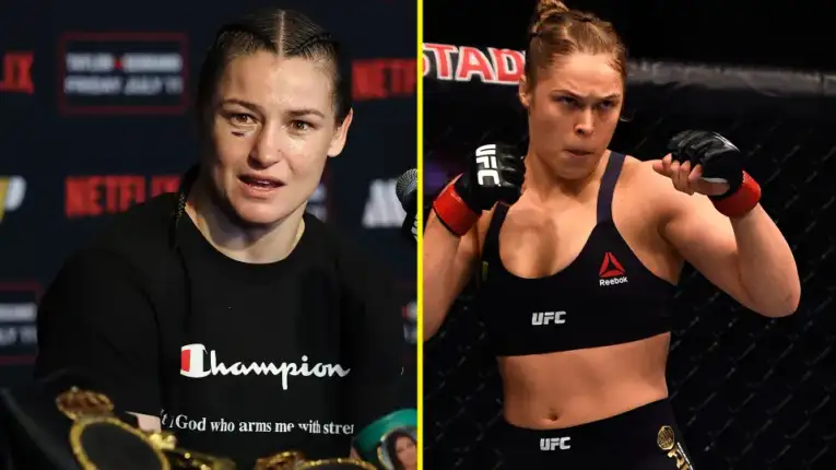 1001089994 - AfroCombat Side-by-side image of two female UFC fighters: left at a press event wearing a black Champion shirt with a belt, right inside the octagon wearing a black sports bra and gloves, fists up.