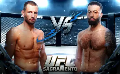 Two shirtless UFC fighters face off in a fenced arena with a VS sign, promoting UFC Sacramento event in the background, intense stares.