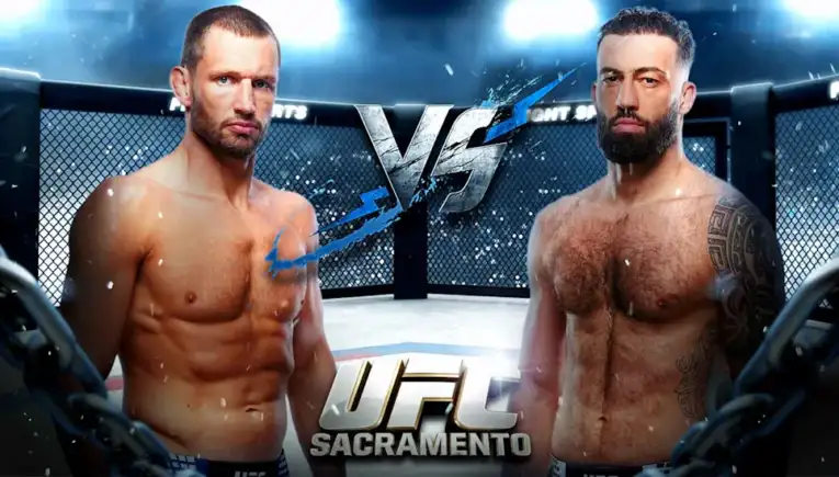Two shirtless UFC fighters face off in a fenced arena with a VS sign, promoting UFC Sacramento event in the background, intense stares.