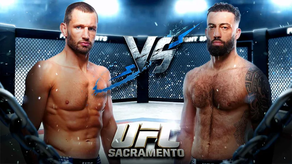 Two shirtless UFC fighters face off in a fenced arena with a VS sign, promoting UFC Sacramento event in the background, intense stares.