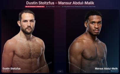 Side-by-side portraits of UFC fighters Dustin Stoltzfus (left) and Mansur Abdul-Malik (right) shirtless against a dark gradient background, used as a fight-card banner.
