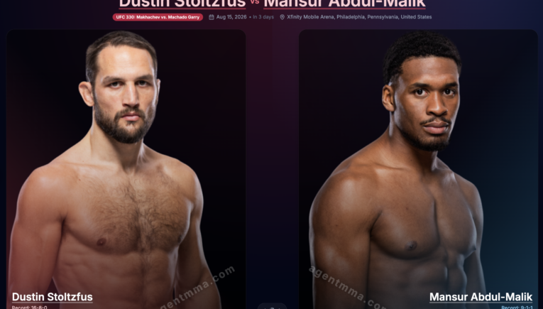Side-by-side portraits of UFC fighters Dustin Stoltzfus (left) and Mansur Abdul-Malik (right) shirtless against a dark gradient background, used as a fight-card banner.