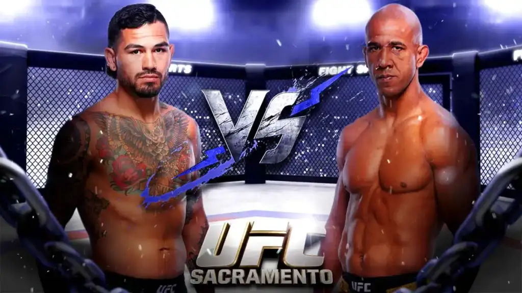 Two shirtless UFC fighters face off inside a cage for a Sacramento bout, with a bold VS in the center and 'UFC Sacramento' at the bottom