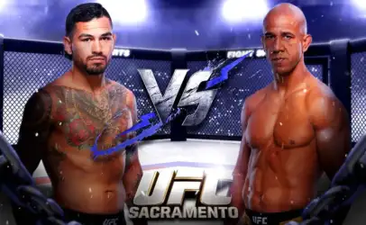 Two shirtless UFC fighters face off inside a cage for a Sacramento bout, with a bold VS in the center and 'UFC Sacramento' at the bottom