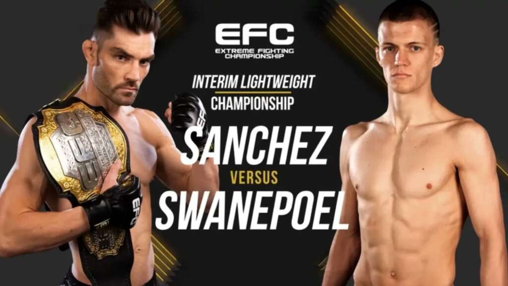 Promotional poster for EFC Interim Lightweight Championship featuring Sanchez with belt on the left and Swanepoel shirtless on the right, with bold central title text.