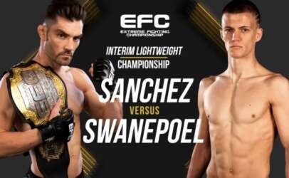 Promotional poster for EFC Interim Lightweight Championship featuring Sanchez with belt on the left and Swanepoel shirtless on the right, with bold central title text.