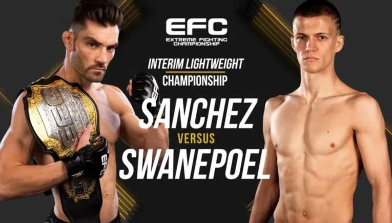 Promotional poster for EFC Interim Lightweight Championship featuring Sanchez with belt on the left and Swanepoel shirtless on the right, with bold central title text.